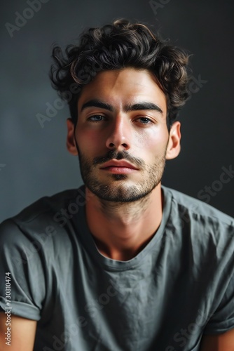 Fresh portrait of a beautiful young model man in a green .lush environment.