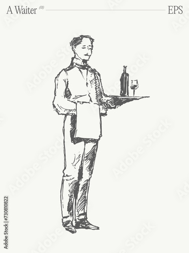 Hand drawn vector illustration of a waiter is holding a tray with a bottle of wine. Isolated sketch.