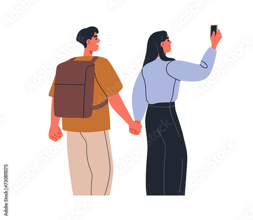 Tourists, love couple walking, taking photo picture on mobile phone camera. Happy man, woman strolling, photographing, shooting with smartphone. Flat vector illustration isolated on white background