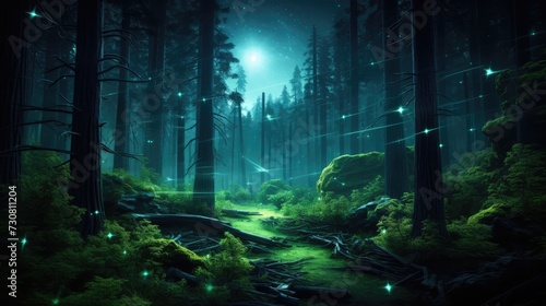 Forest illuminated by bioluminescent lights during the night