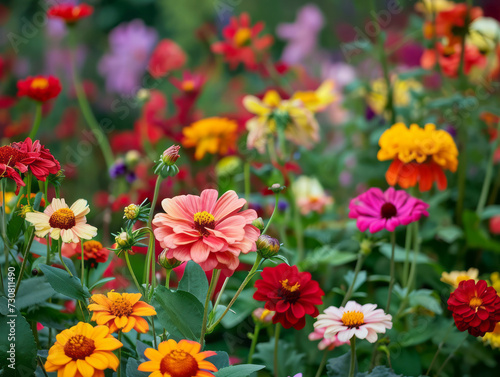 Colorful zinnia flowers in the garden. Selective focus.