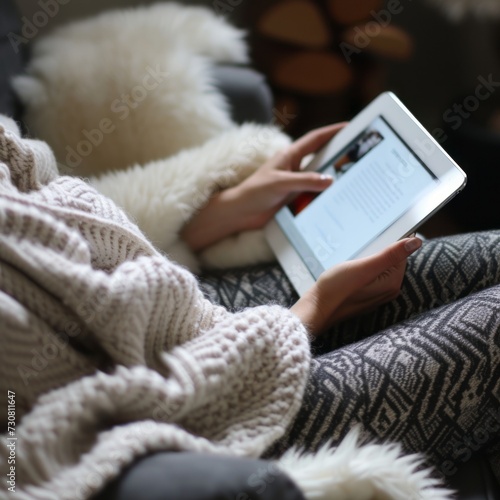 person with a tablet, scrolling, internet, sitting on a sofa