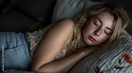 portrait of a blond woman sleeping in the bed