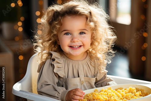 Adorable toddler girl eat pasta spaghetti, happy preschool child eating using fork and by hands fresh cooked healthy meal with noodles home, indoors , table, kitchen