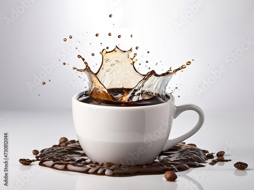 Cup of coffee with splash and coffee beans on a white background
