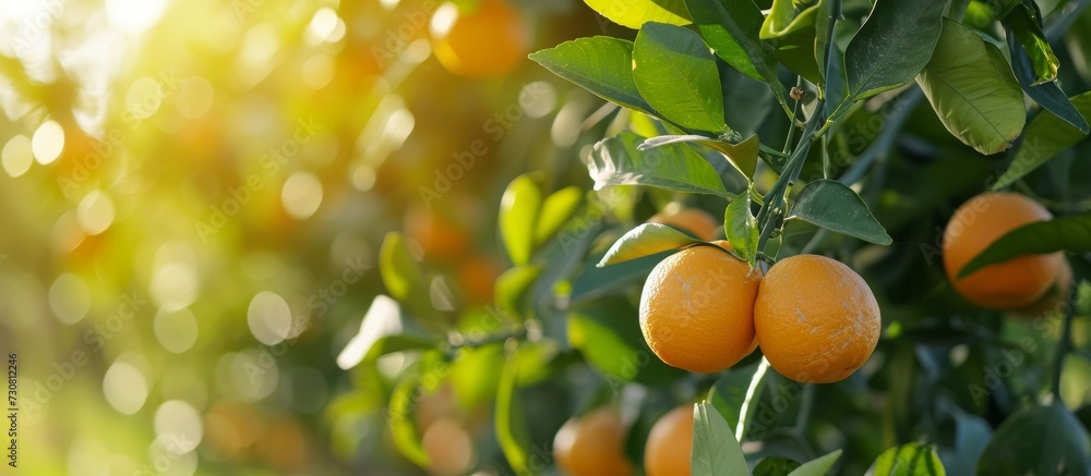 Ripe oranges grow on green trees in a sunny plantation.