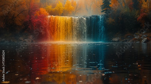 rainbow water fall in the forrest, colorful water, blue, yellow, red, woods 