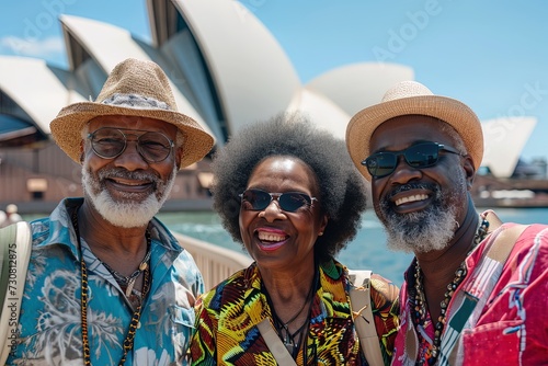 Group of senior afro friends, traveler portrait, in Sidney, Australia. © Marcela Ruty Romero