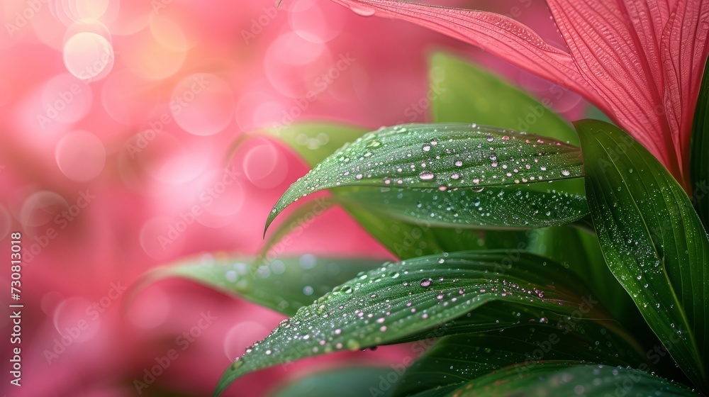 raindrops on a green leafs on a pink background raindrops on a green leafs on a pink background