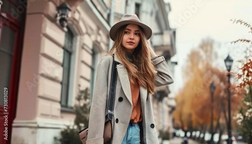 Stylish model of a young woman in the city.