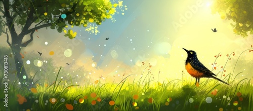The bird stands gracefully on the lush grass, amidst nature's beauty of greenery, open sky, and radiant sun.