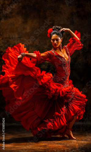 Beautiful Spirited Spanish Woman Dancing Flamenco with a Beautiful Dress Traditional Spain Folklore Wallpaper Digital Art Magazine Background Poster Card