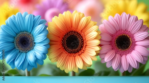 three colorful Gerber flowers, blue, orange, pink photo