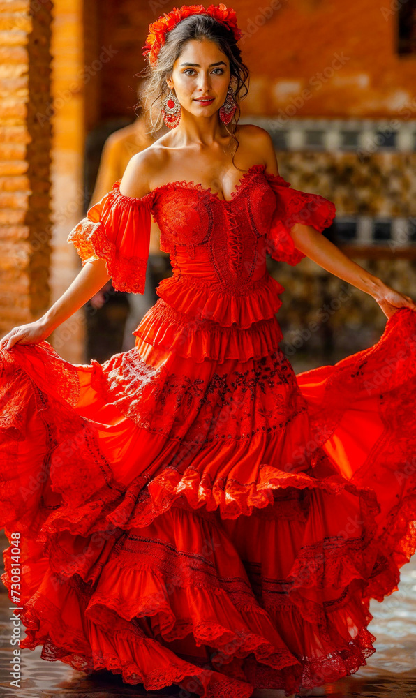 Fototapeta premium Beautiful Spirited Spanish Woman Dancing Flamenco with a Beautiful Dress Traditional Spain Folklore Wallpaper Digital Art Magazine Background Poster Card