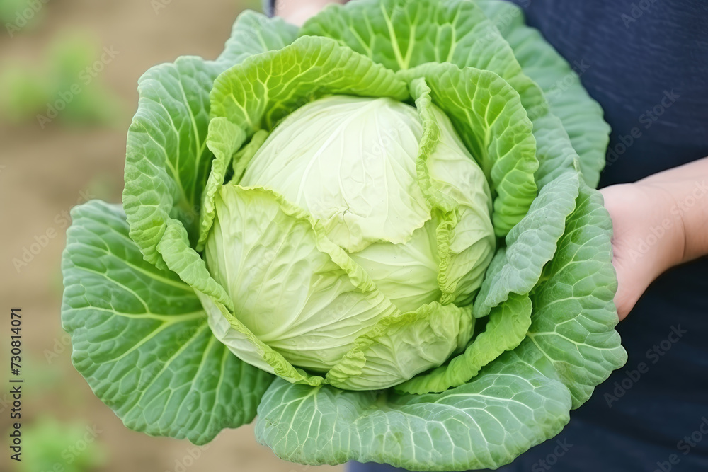 Fototapeta premium Freshly picked, vibrant green cabbage cradled in a farmer's hands, showcasing the wholesome bounty of homegrown produce.