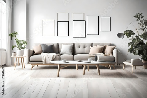 Unwind in a modern living space adorned with simplicity, presenting a Scandinavian-style sofa, an empty wall mockup, and a white blank frame for personal expression. © Tae-Wan
