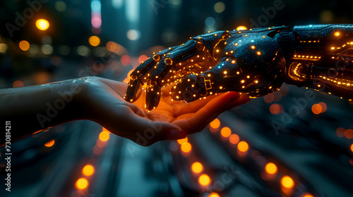Innovative Human and Robot Collaboration. Human and Robot Interaction with helping hands between person and Artificial Intelligence. AI Assistance and support in future technology.