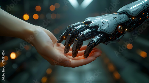 Innovative Human and Robot Collaboration. Human and Robot Interaction with helping hands between person and Artificial Intelligence. AI Assistance and support in future technology.