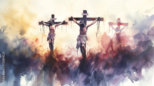 crucifixion scene depicted in stunning watercolor