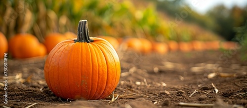 An upright pumpkin in a farm pumpkin patch with blurry pumpkins and a row of corn in the background.