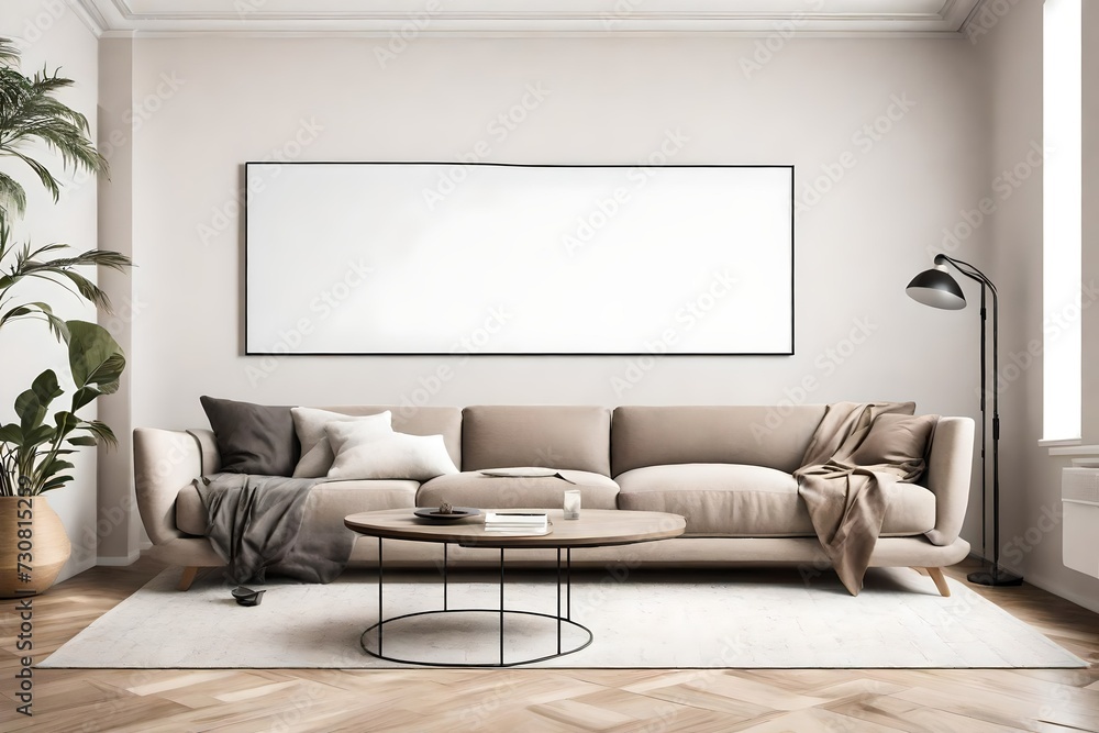 Elevate your space with this minimalist living room, featuring a stylish sofa against a solid color wall, an empty wall mockup, and a white blank frame for personalization. Elevate your space with this minimalist living room, featuring a stylish sofa against a solid color wall, an empty wall mockup, and a white blank frame for personalization.
