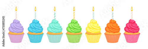 Cupcakes in rainbow colors with candles. Vector cartoon illustration of holiday baking.
