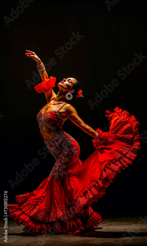 Beautiful Spirited Spanish Woman Dancing Flamenco with a Beautiful Dress Traditional Spain Folklore Wallpaper Digital Art Magazine Background Poster Card