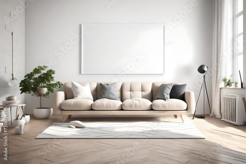 Step into a minimalist haven with a 3D-rendered living room, featuring a Scandinavian touch, an empty wall mockup, and a white blank frame beckoning for creativity.
