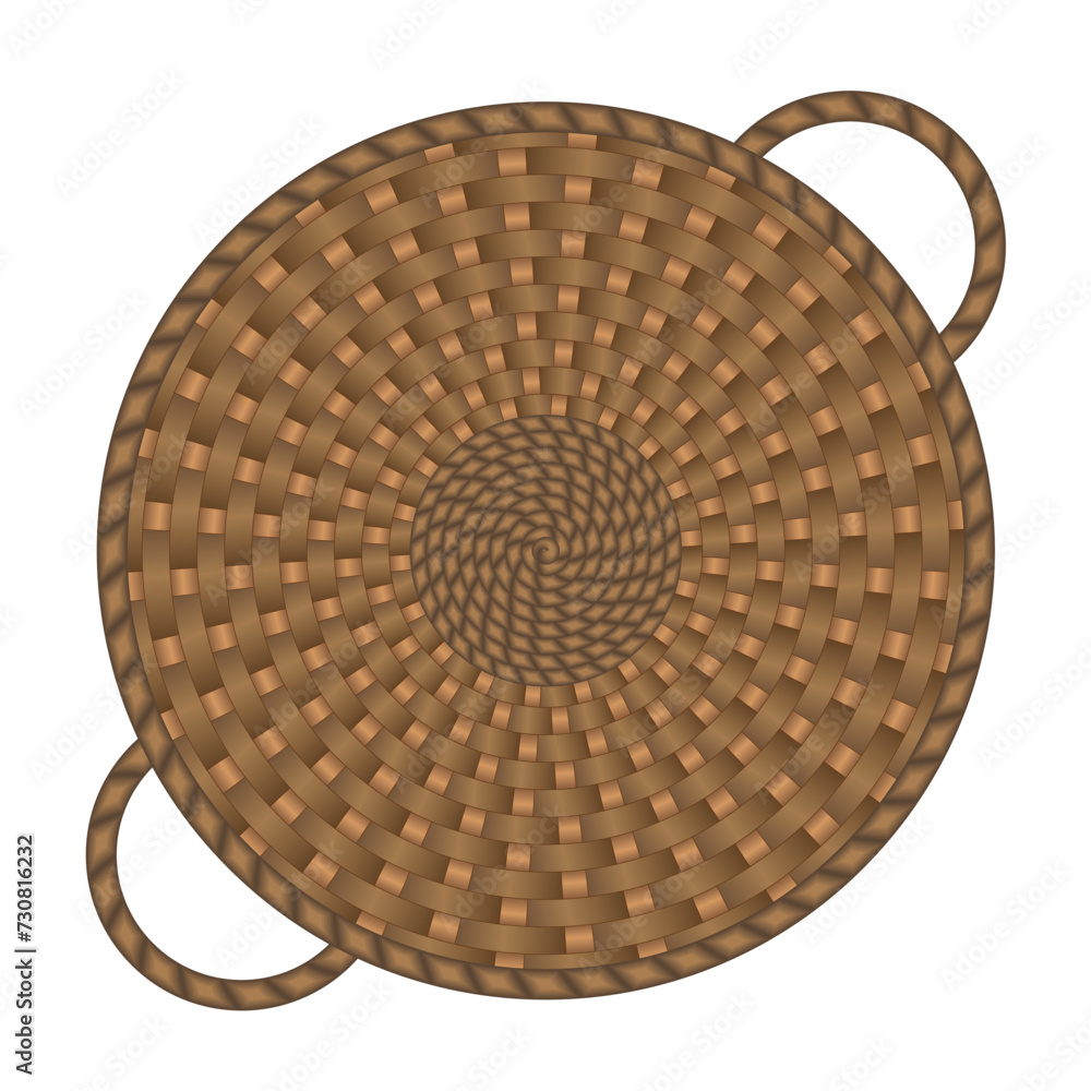 Vector illustration of a wicker basket top view. A basket with two handles, round, brown. View from above. Vector illustration of a wicker basket top view. A basket with two handles, round, brown. View from above.