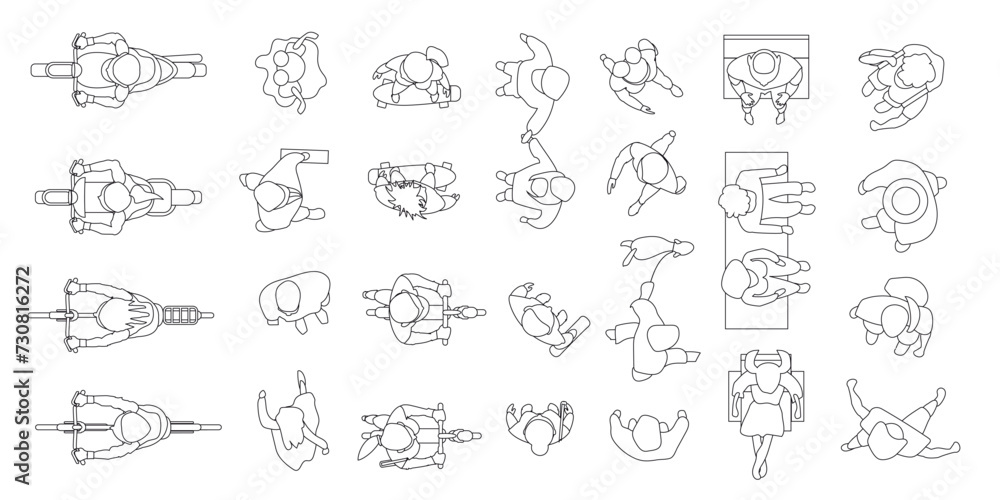 A set of black and white vector images of different people. Top view. People line, walk, skateboard, bike, scooter, walk a dog, stand, sit, hold hands. View from above. Isolated vector image