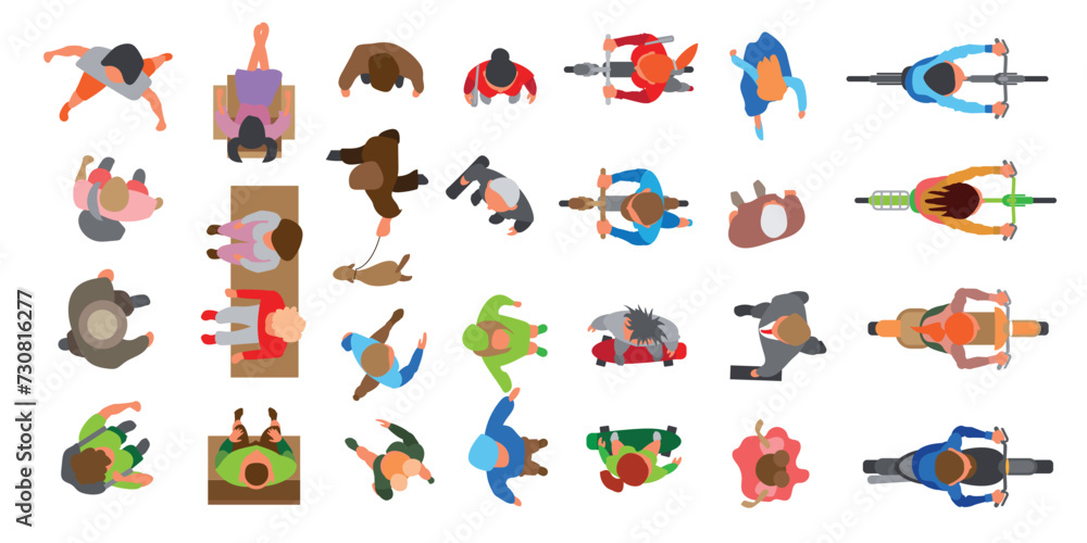 A set of vector images of different people. Top view. People line, walk, skateboard, bike, scooter, walk a dog, stand, sit, hold hands. View from above. Isolated vector image A set of vector images of different people. Top view. People line, walk, skateboard, bike, scooter, walk a dog, stand, sit, hold hands. View from above. Isolated vector image