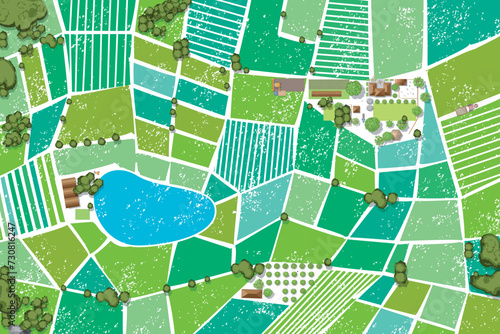 Vector illustration of a top view of agricultural fields. View from above. Farm. Green fields of regular geometric shape. Lake. Roads. Trees.