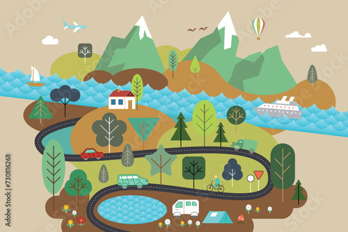 Vector illustration of a landscape with mountains, river, lake, houses, roads, cars, camping tent, geometric trees, flowers, airplanes, steamships, balloon. Front view.