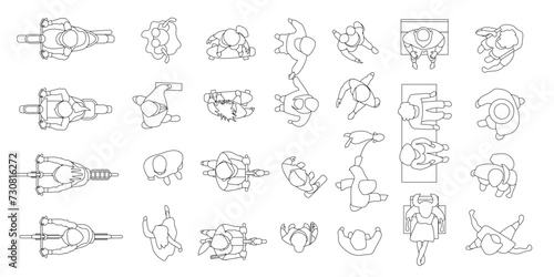 A set of black and white vector images of different people. Top view. People line, walk, skateboard, bike, scooter, walk a dog, stand, sit, hold hands. View from above. Isolated vector image