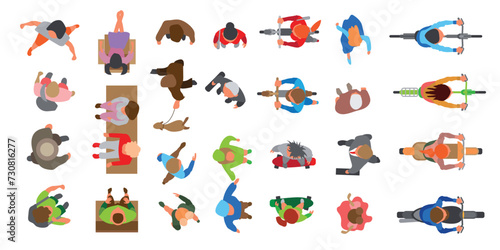 A set of vector images of different people. Top view. People line, walk, skateboard, bike, scooter, walk a dog, stand, sit, hold hands. View from above. Isolated vector image