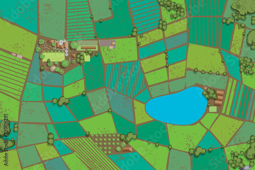 Vector illustration of a top view of agricultural fields. View from above. Farm. Green fields of regular geometric shape. Lake. Roads. Trees.