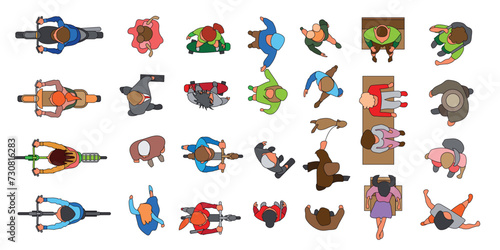A set of vector images of different people. Top view. People line, walk, skateboard, bike, scooter, walk a dog, stand, sit, hold hands. View from above. Isolated vector image