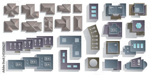 Vector illustration of an overhead view of different types of roofs of modern buildings. Top view to create an architectural plan of a district, city, village. View from above.