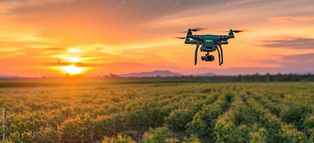 Drone hovers above sprawling cornfield at sunset capturing synergy of modern technology and agriculture aerial view showcases advanced farming techniques remote controlled Drone hovers above sprawling cornfield at sunset capturing synergy of modern technology and agriculture aerial view showcases advanced farming techniques remote controlled