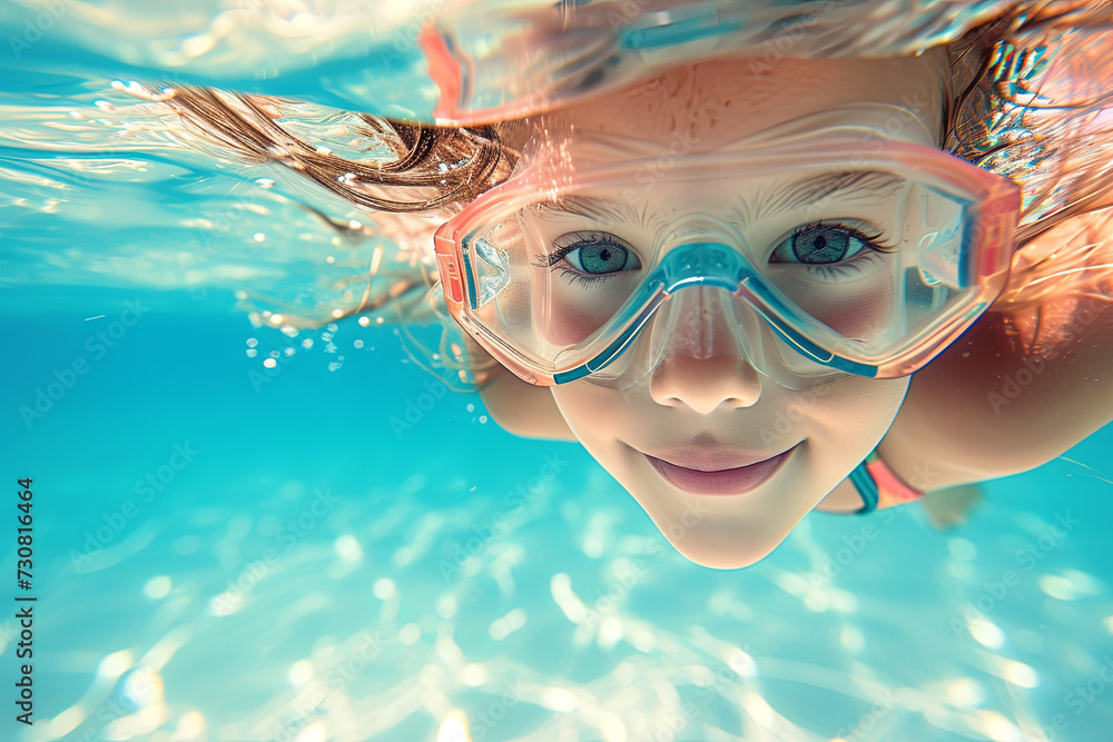 Child girl swim underwater in pool. Sport lesson