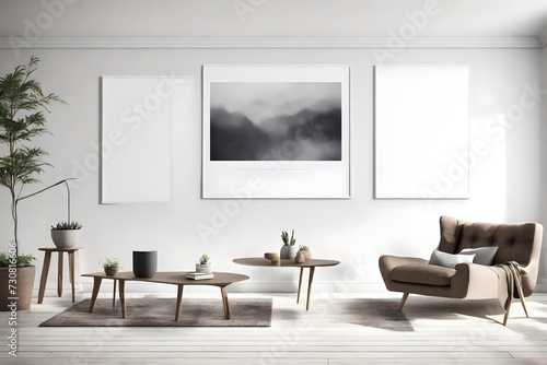 Experience the essence of contemporary living, captured in a minimalist room with a Scandinavian flair, an empty wall mockup, and a white blank frame as a focal point. © Tae-Wan