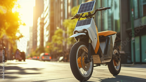 Electric moped scooter with solar pannels in the street photo