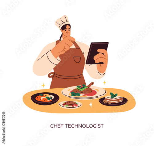 Chef technologist, cook creating recipe, making and checking menu, restaurant...