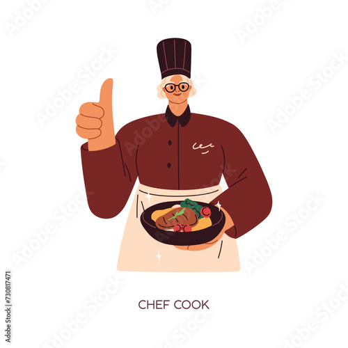 Chef cook holding new dish in hand. Professional worker in hat portrait, cooked gourmet food, delicious restaurant meal, gesturing thumb up. Flat vector illustration isolated on white background