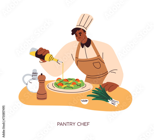Pantry chef garnishing appetizer with oil. Professional cook serving starter, cold dish, restaurant food. Kitchen worker cooking vegetarian salad. Flat vector illustration isolated on white background