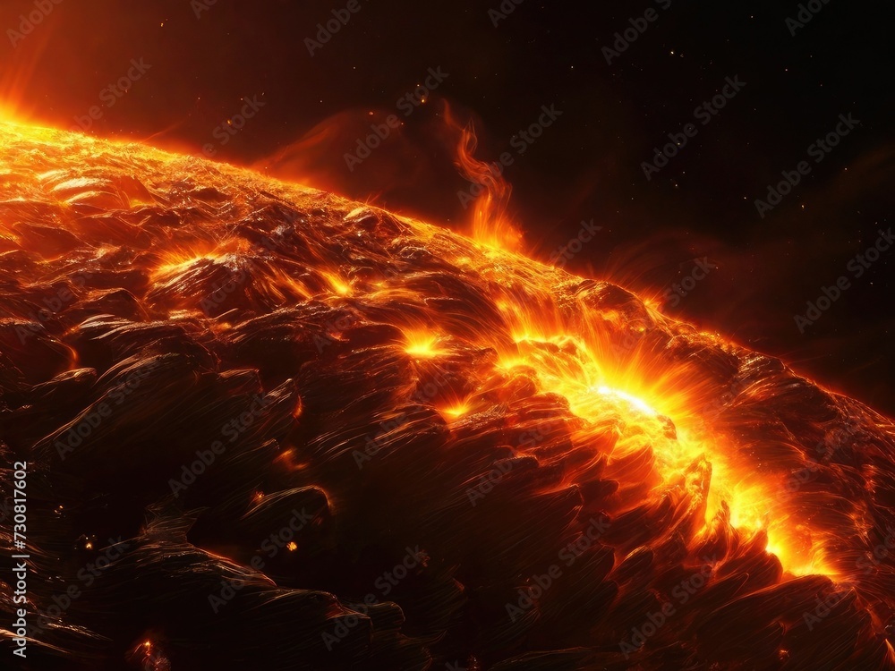 Fiery Cosmic Dance: Abstract Solar Flare in Intense Red, Orange, and Molten Gold