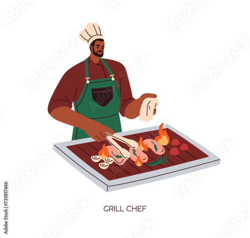 Grill chef. Professional kitchen worker cooking bbq food, frying meat steaks and vegetables on barbecue pan. Black man cooks dish on fire. Flat vector illustration isolated on white background
