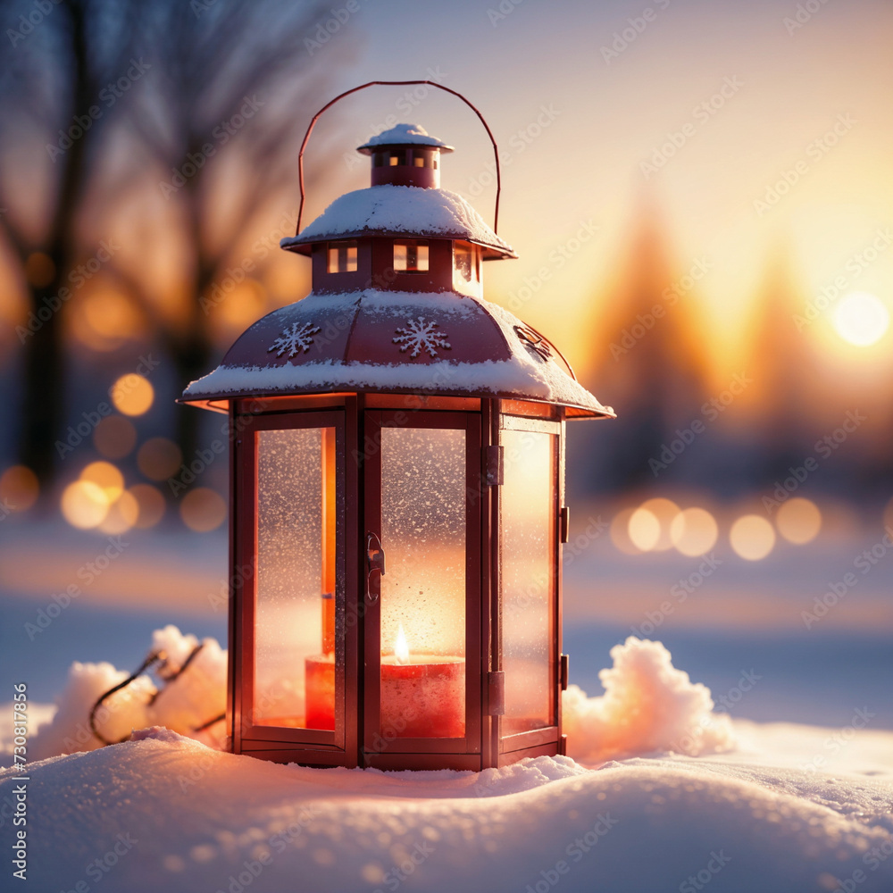 A lit lantern with a glowing candle sits on a pile of snow. ai generative A lit lantern with a glowing candle sits on a pile of snow. ai generative