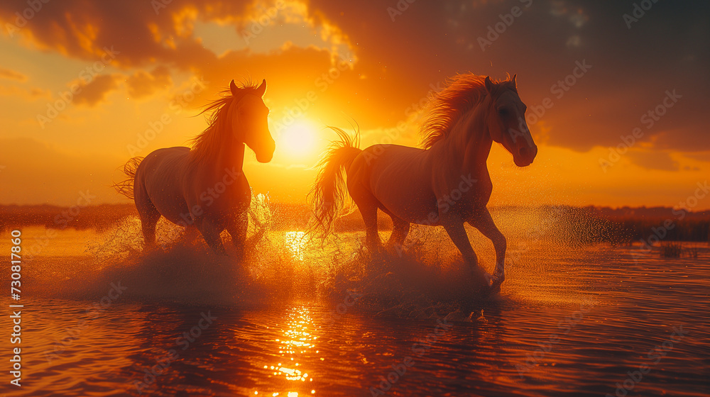 Couple of brown horses trotting in the water in the sunset Couple of brown horses trotting in the water in the sunset