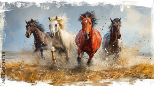 Four wild horses galloping on the field